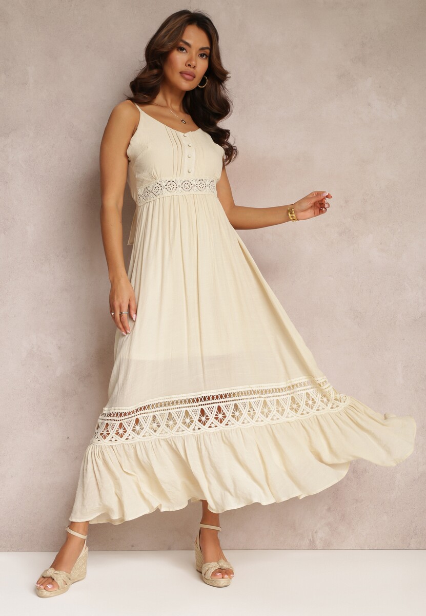 Czarna Rozkloszowana Sukienka Maxi z Falbanką i Koronką Luluma