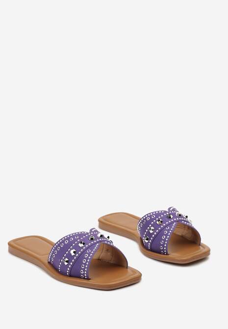 Fioletowe Klapki Płaskie z Noskiem w Kwadrat i Ozdobami Metalowymi Yalenna