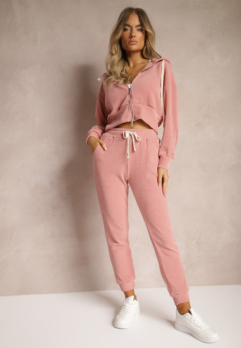 Różowe Dresowe Spodnie z Dodatkiem Bawełny High Waist z Gumką w Pasie Pesaria