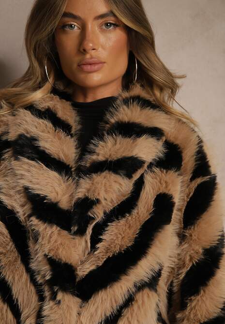 Brązowo-Czarna Kurtka Futerko Zdobiona Wzorem w Paski Alindde