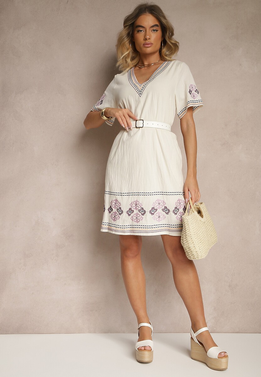 Fioletowa Pudełkowa Sukienka z Bawełny w Hafty w Stylu Boho Felkio