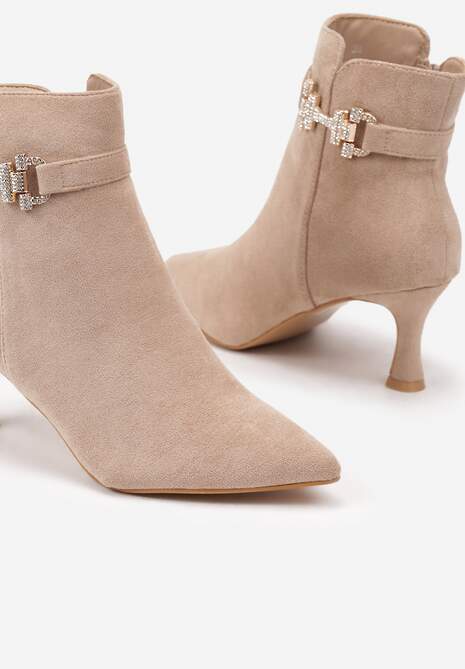 Ciemnobeżowe Eleganckie Botki na Kaczuszce z Biżuteryjną Klamerką Erimena