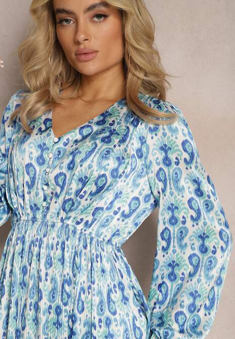 Niebieska Satynowa Sukienka z Gumką w Talii i Wzorem Paisley Xalire