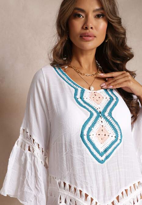 Biała Luźna Sukienka Mini Narzutka z Szydełkowym Zdobieniem Elvin