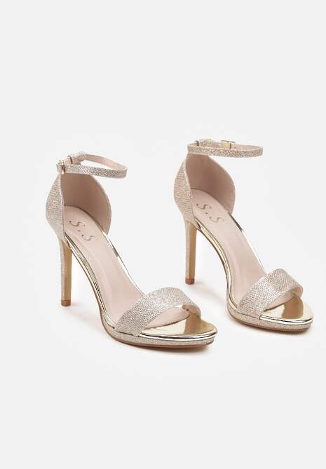 Złote Brokatowe Sandały na Szpilce Zapinane Wokół Kostki Mlinaya