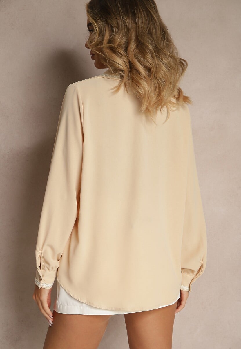 Beżowa Koszula Zdobiona Biżuteryjnymi Guzikami i Tasiemkami Tosur