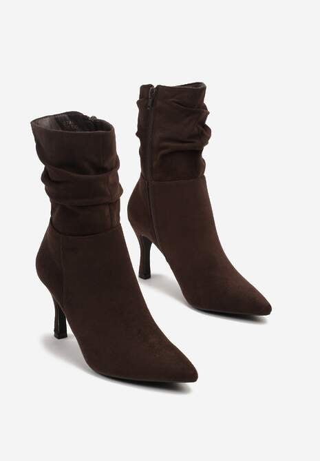 Brązowe Marszczone Botki Vices z Ekozamszu na Niskim Obcasie Typu Szpilka Savalith