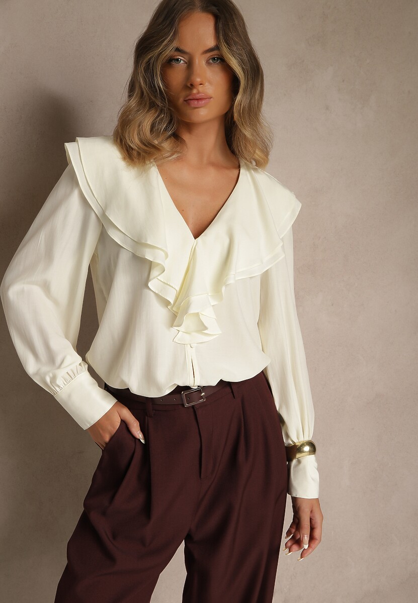 Jasnobeżowa Koszula Vices z Dekoltem z Falbanami i Bufiastymi Rękawami Zoiruna