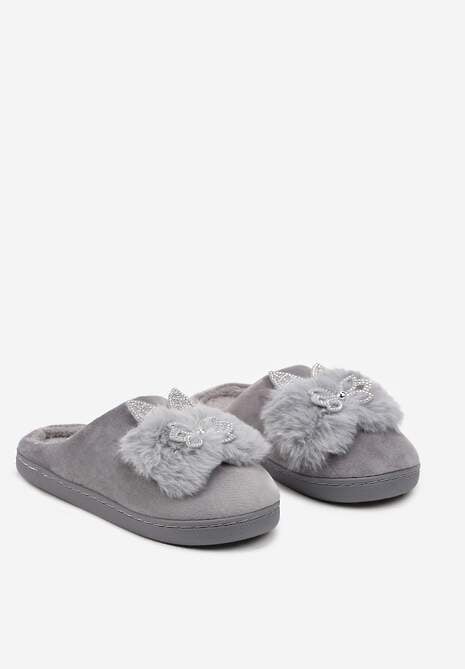 Szare Kapcie na Płaskiej Podeszwie z Cyrkoniami i Futerkiem Dezilie