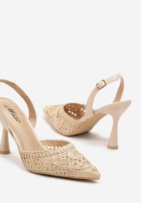Beżowe Sandały Slingback na Klepsydrowej Szpilce ze Szpiczastym Noskiem z Plecionki Ucemia