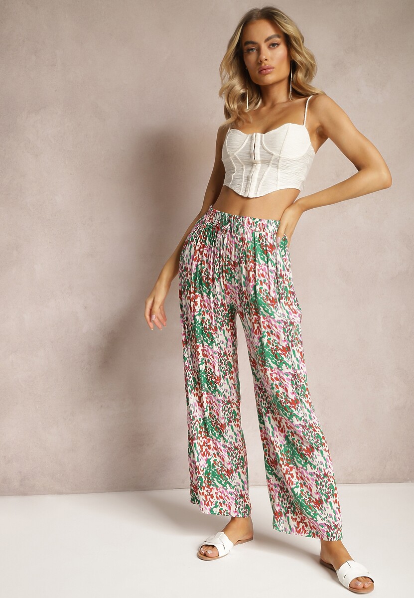 Zielono-Różwe Spodnie z Wiskozy z Szerokimi Nogawkami i Gumką w Talii Cumiea