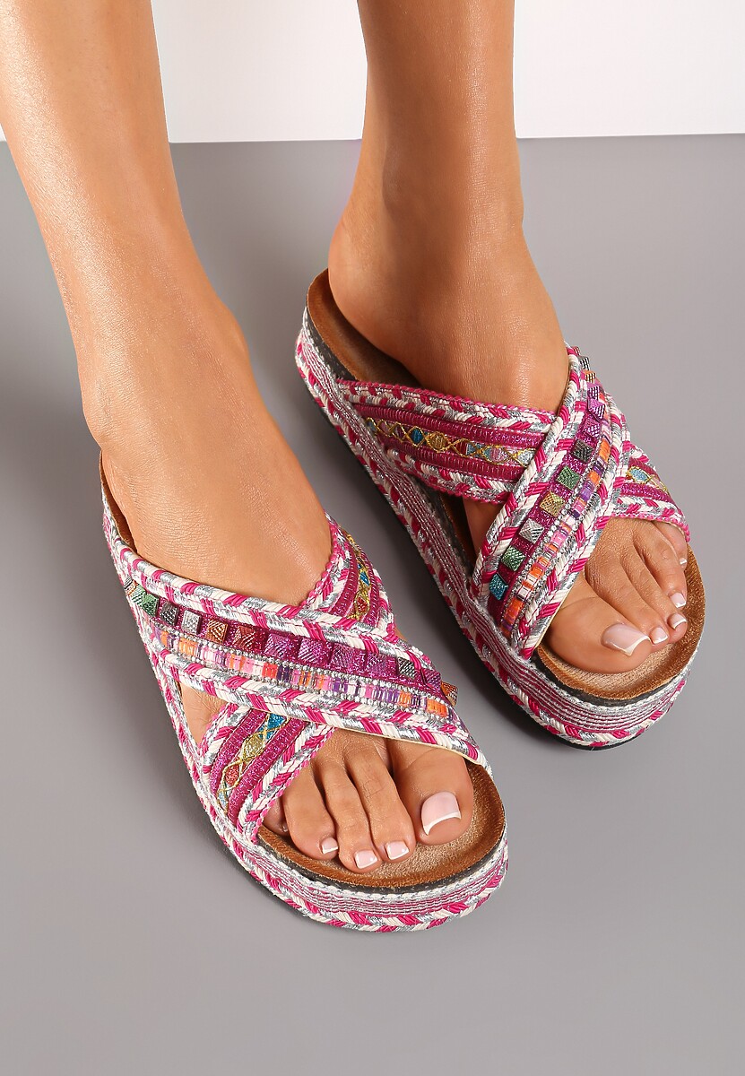 Fuksjowe Klapki Ozdobione Kolorową Nitką Cyrkoniami i Brokatem na Grubej Podeszwie Adanrie