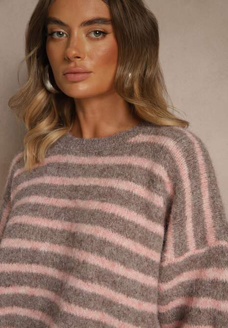 Brązowy Sweter z Wełną Ozdobiony Paskami i Bufiastymi Rękawami Rilesse