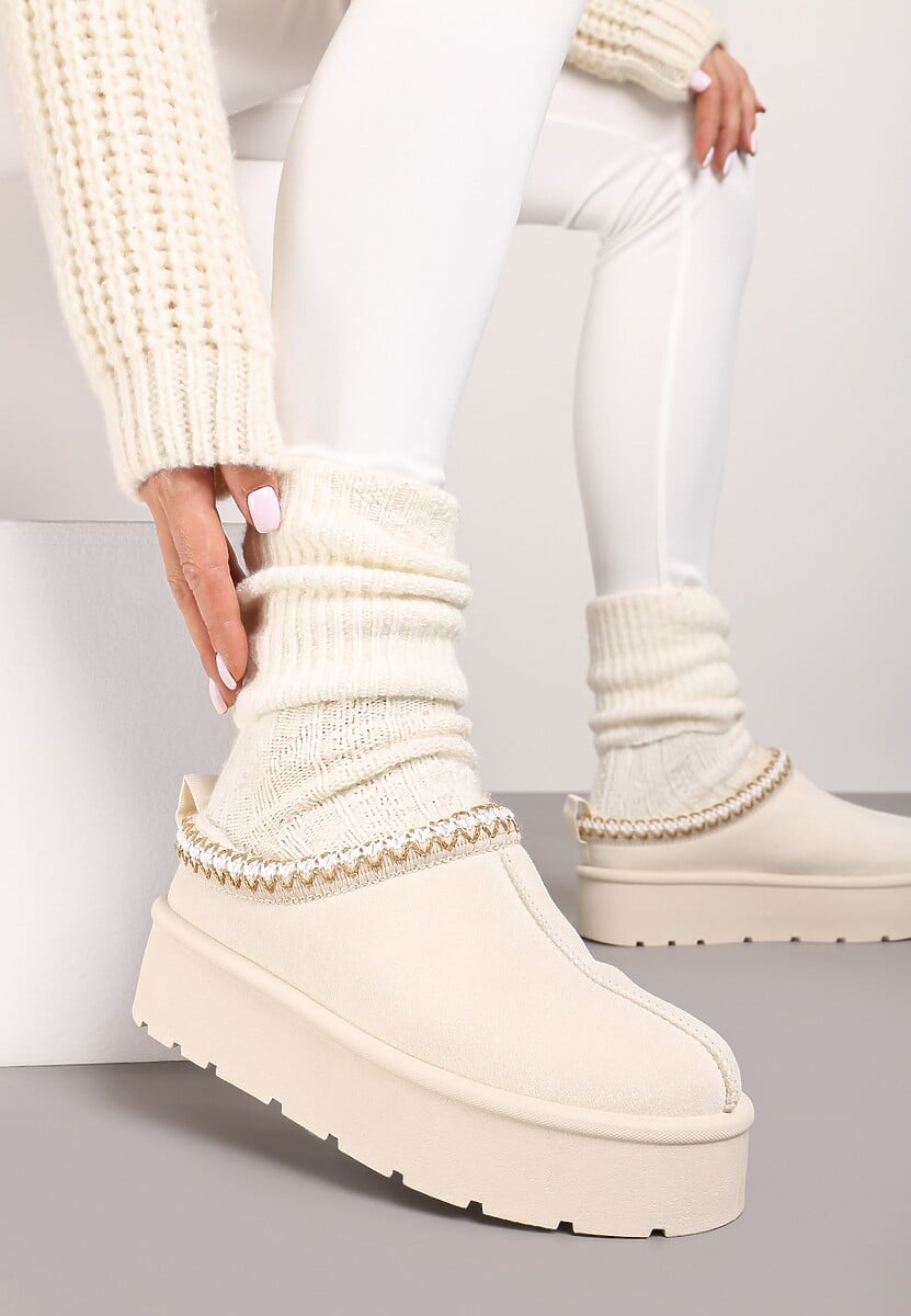 Beżowe Śniegowce z Haftowanym Paseczkiem na Platformie Iridalia