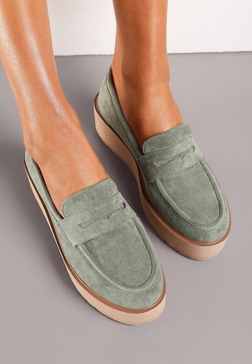 Zielone Półbuty w Stylu Mokasynów z Imitacji Zamszu na Platformie Vhisper
