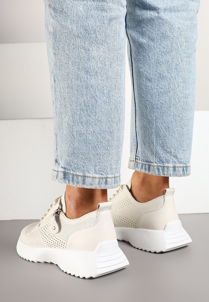 Beżowe Sneakersy Skórzane Ozdobione Suwakiem Ivelami