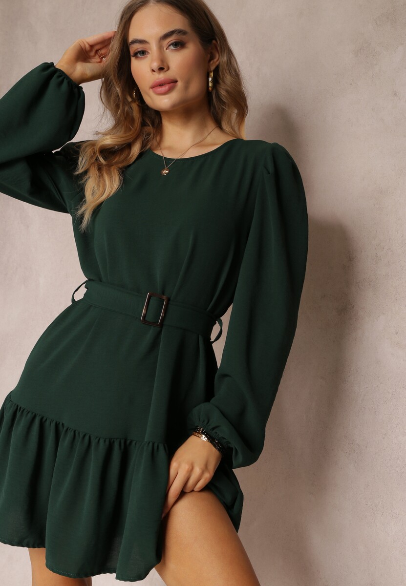 Ciemnozielona Sukienka Pudełkowa z Falbanką Leffo