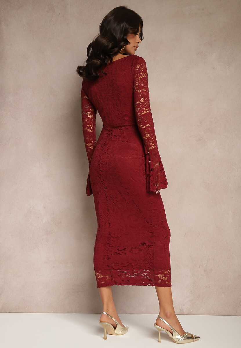 Bordowa Koronkowa Sukienka o Dopasowanym Kroju z Rozszerzanymi Rękawami Seliriel