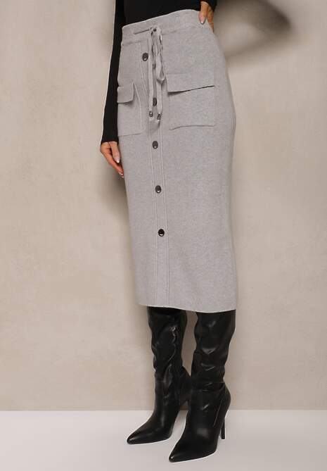 Jasnoszara Spódnica Ołówkowa z Kaszmirem High Waist z Ozdobnymi Guzikami i Kieszeniami Edithwen