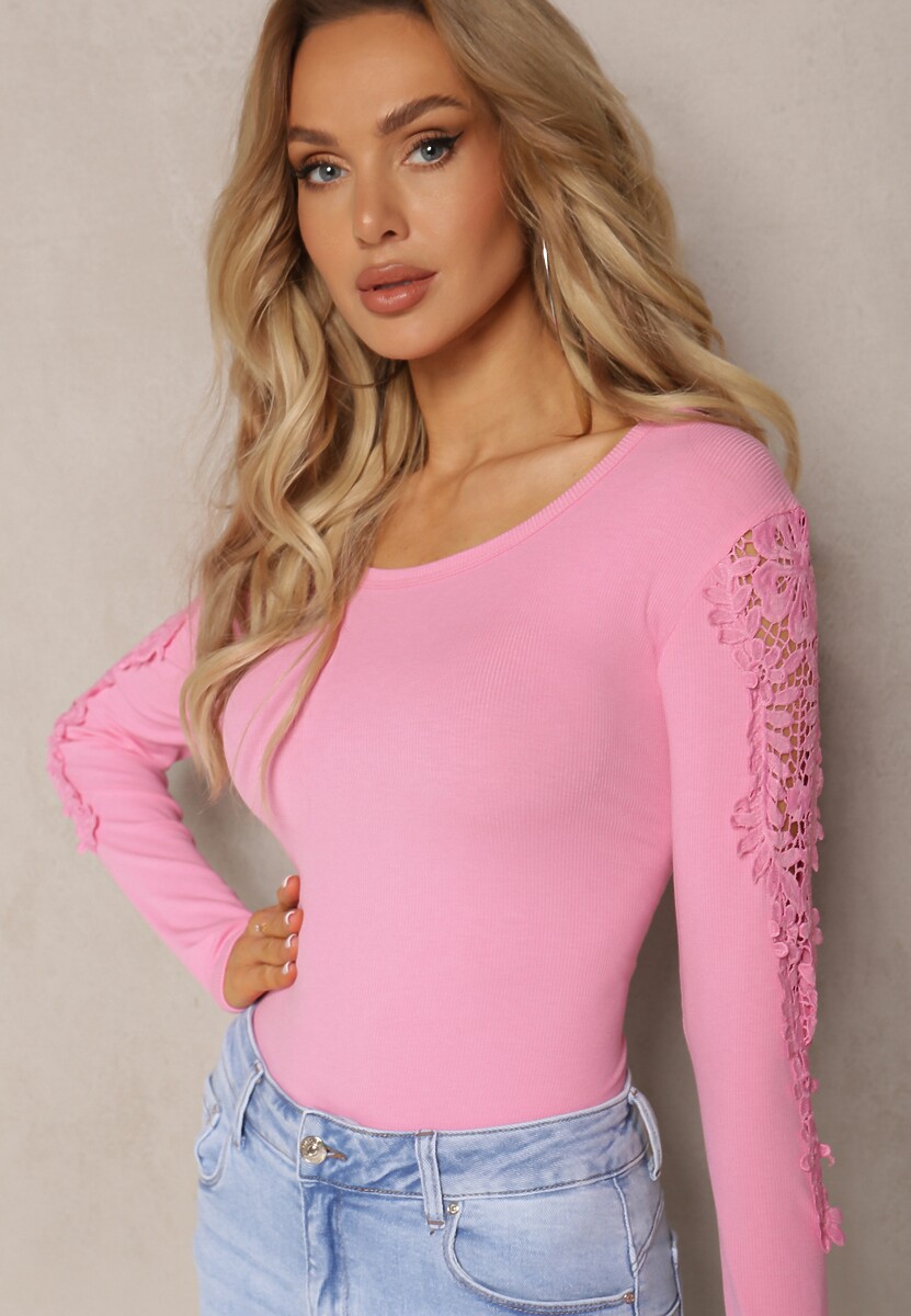 Różowa Bluzka z Ażurowymi Wstawkami na Plecach i Rękawach Ailrenia