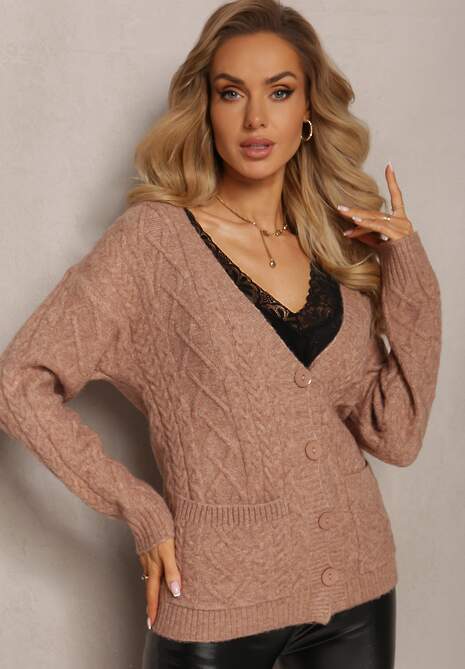 Ciemnobeżowy Zapinany Kardigan z Trójkątnym Dekoltem i Warkoczykowy Splot Juessa