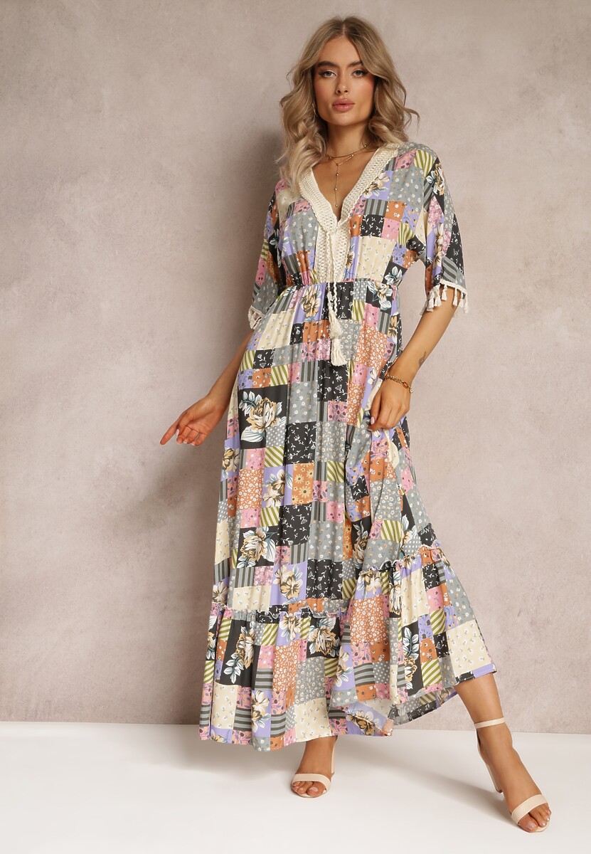 Szaro-Czarna Rozkloszowana Sukienka Maxi z Falbanką w Patchworkowy Wzór Fiorella