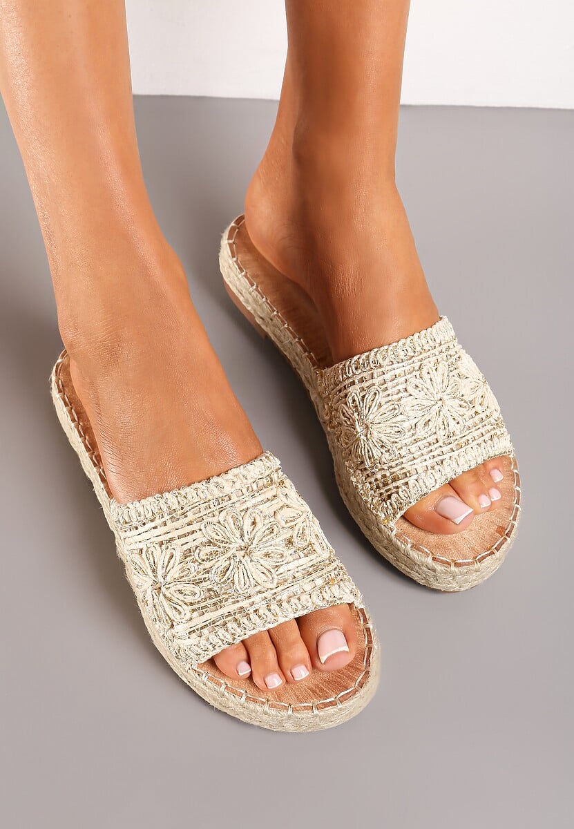 Beżowe Casualowe Klapki na Platformie Ozdobione Plecioną Jutą Rifenia