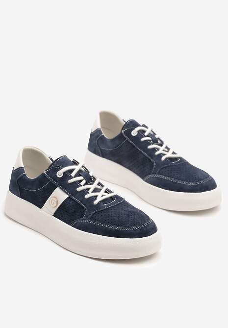 Granatowe Sneakersy Skórzane z Metaliczną Ozdobą Astevin