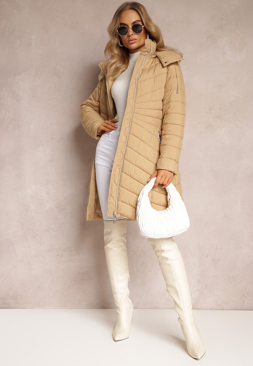Beżowa Pikowana Kurtka o Długim Fasonie z Odpinanym Kapturem Dakana
