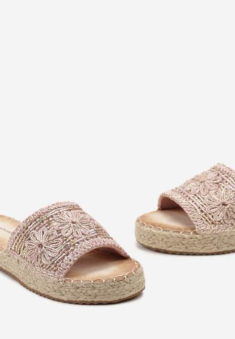 Różowe Casualowe Klapki na Platformie Ozdobione Plecioną Jutą Rifenia