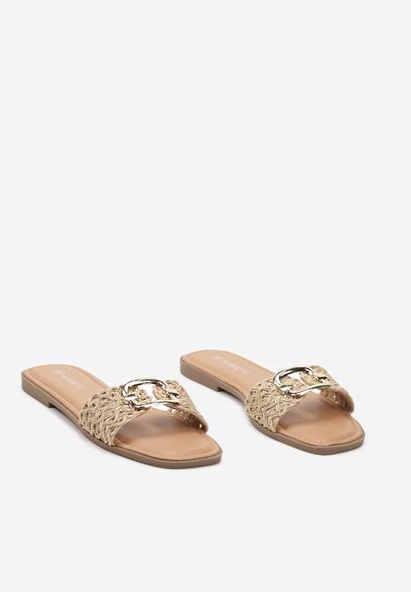 Beżowe Płaskie Klapki ze Złotą Klamrą Efimue
