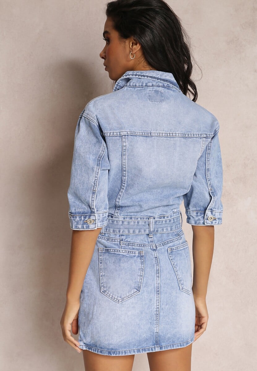 Niebieska Sukienka Koszulowa z Jeansu z Paskiem i Guzikami Avaleen