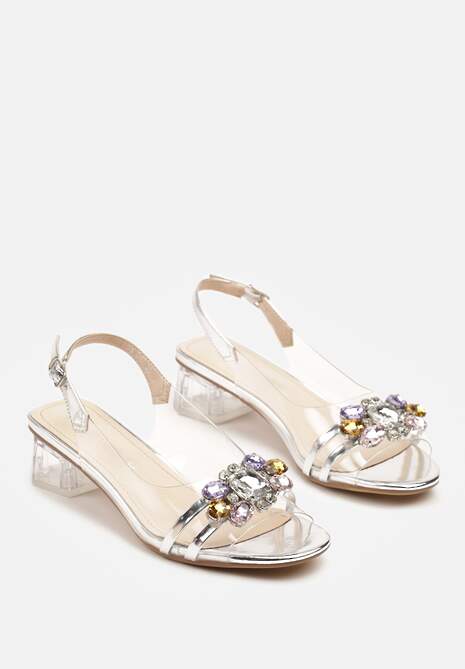 Srebrne Przezroczyste Sandały na Słupku z Cyrkoniowym Zdobieniem Senalisea