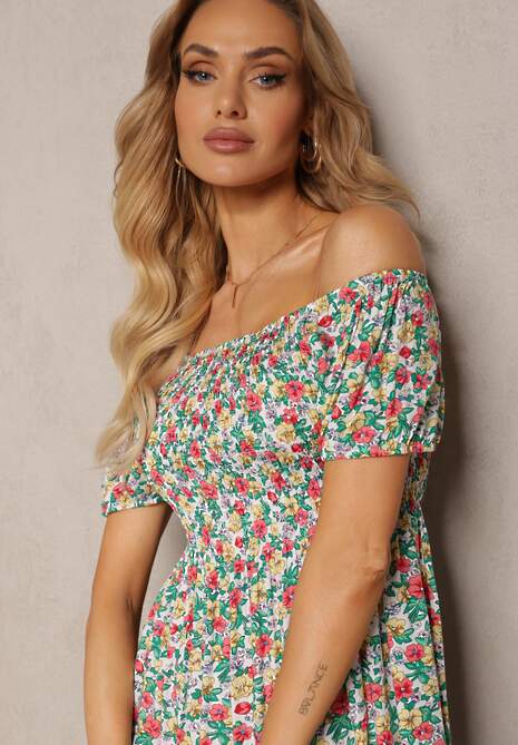 Biało-Zielona Wiskozowa Sukienka Hiszpanka w Kwiatowy Wzór Pialara