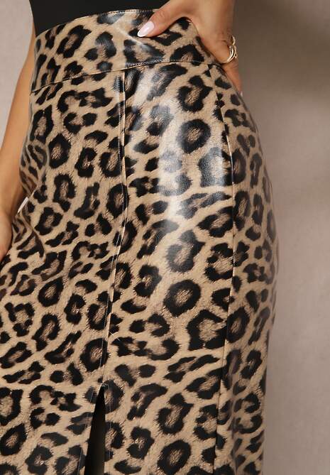 Brązowa Ołówkowa Spódnica High Waist w Panterkę z Rozcięciem Tamionwea