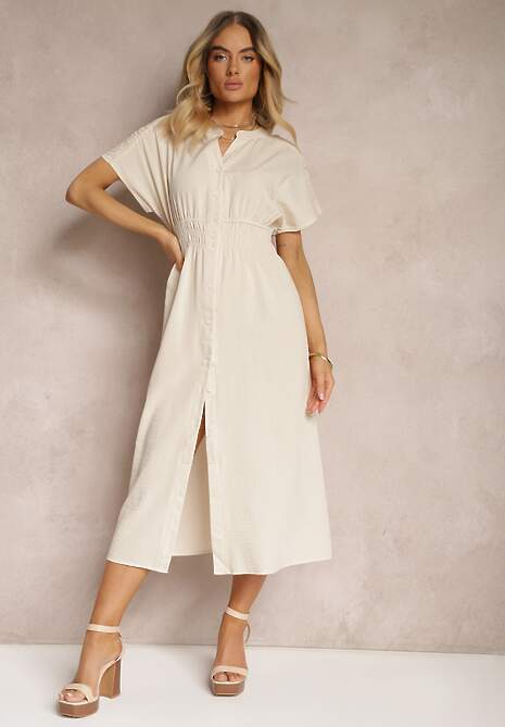 Beżowa Sukienka z Wiskozą o Rozkloszowanym Koszulowym Kroju na Guziki z Gumką w Talii Fuvlea