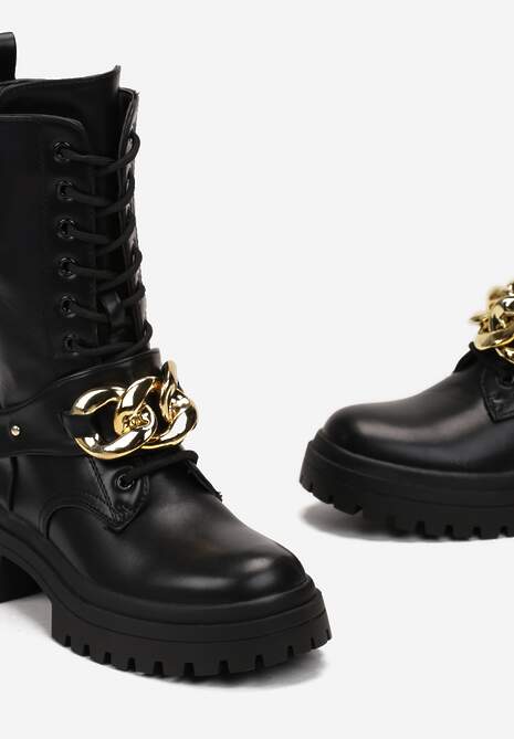Czarne Botki o Fasonie Wysokich Workerów z Paskiem i Łańcuchem na Grubej Podeszwie Evensa