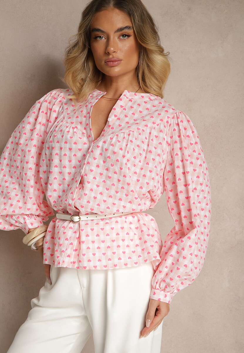 Różowa Bawełniana Koszula w Kratkę Vichy i Serduszka Halorwena