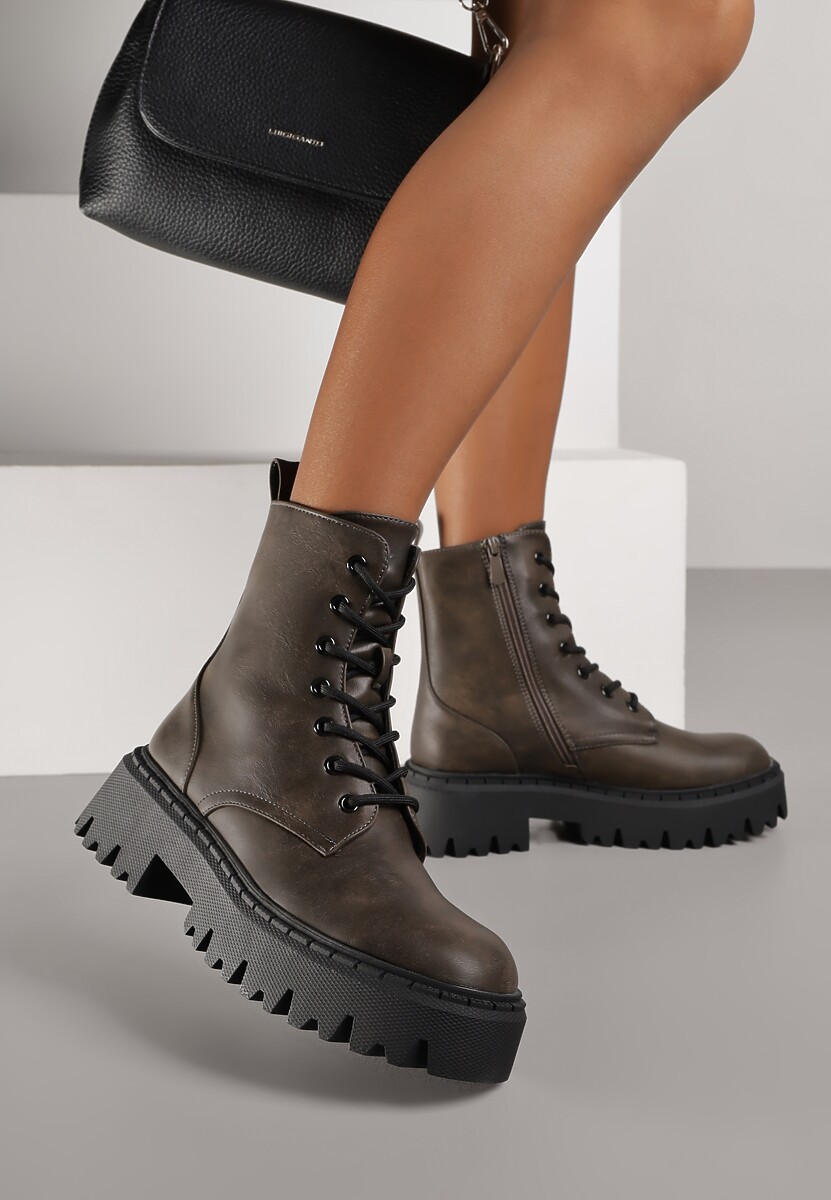 Szare Sznurowane Botki na Platformie w Stylu Workerów Sairene