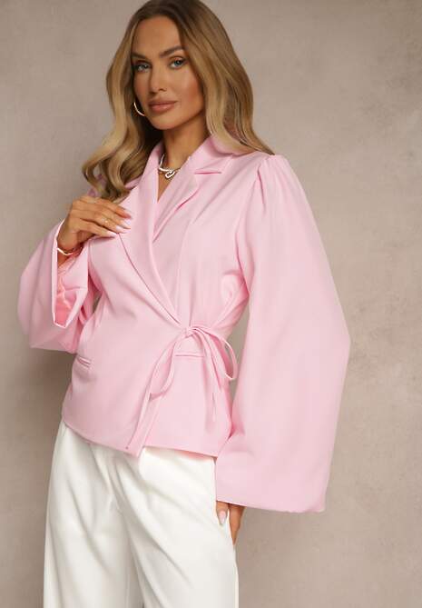 Różowa Marynarka z Rozszerzanymi Rękawami Zdobiona Wiązaniem z Boku Sanivera