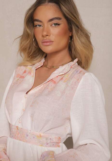 Różowa Rozkloszowana Sukienka w Kwiatowy Wzór ze Zwiewnymi Rękawami Ishiris