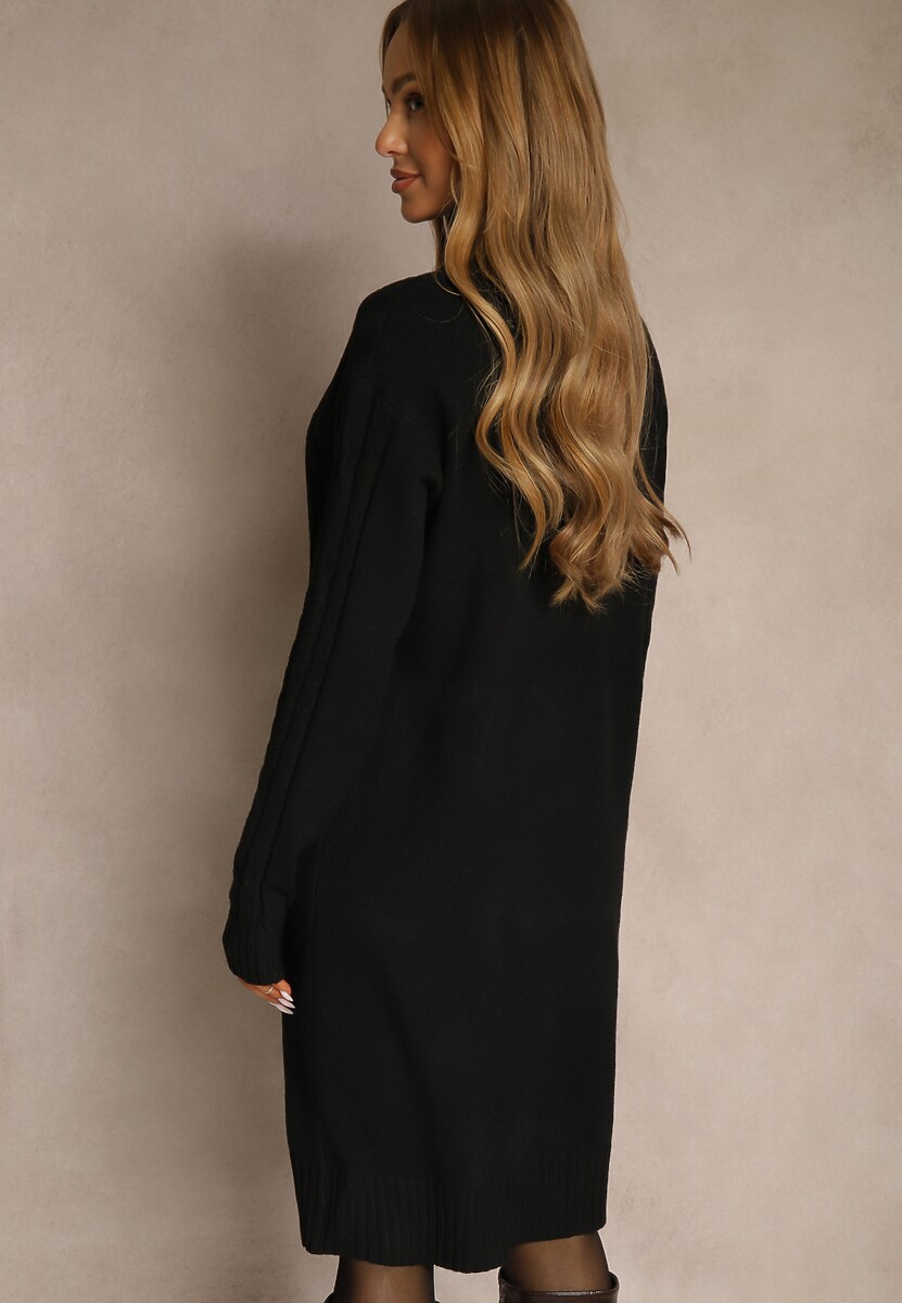 Czarna Sukienka Sweterkowa z Golfem Wełną  Bawełną i Ozdobnym Splotem Reilenea