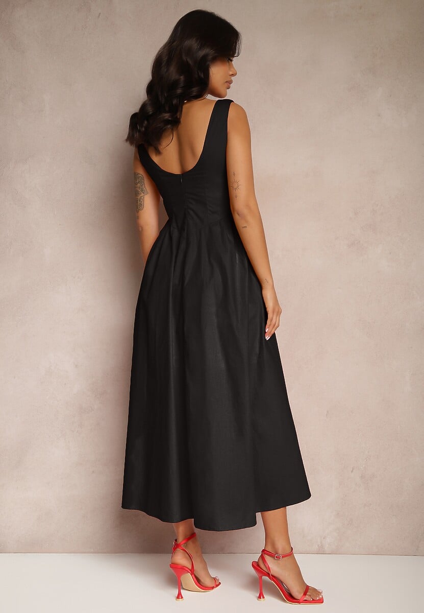 Czarna Rozkloszowana Sukienka Koktajlowa z Bawełny z Dekoltem Łódką i Kieszeniami Fanilra