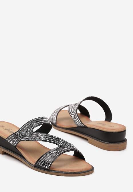 Czarne Wsuwane Klapki na Koturnie z Ozdobnymi Cyrkoniami i Brokatem Pasteri