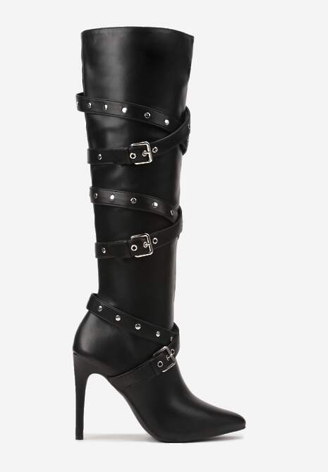 Czarne Kozaki Bikery na Szpilce z Klamrami i Paskami Jurisse