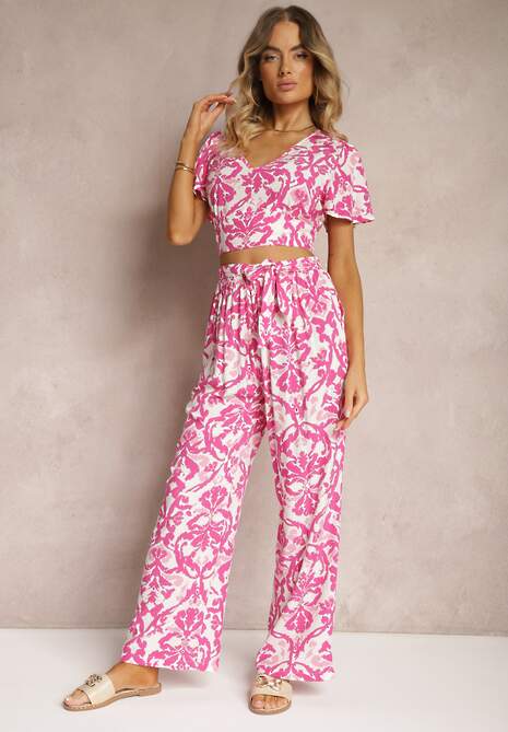 Fuksjowy Bawełniany Komplet Letni Spodnie z Gumką w Pasie i Krótka Bluzka Pavilia