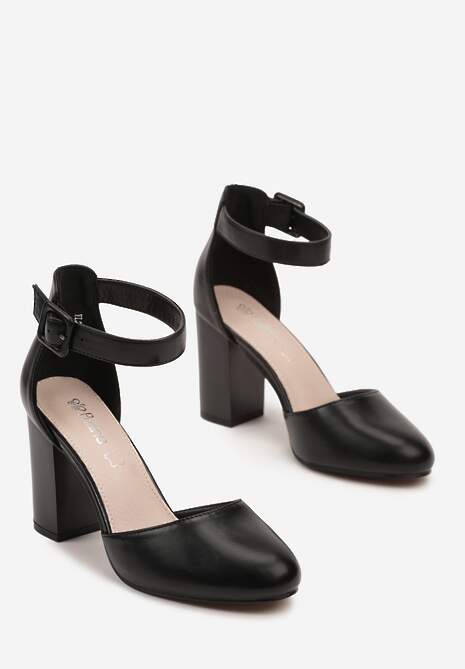 Czarne Czółenka na Obcasie Typu Słupek ze Skóry Ekologicznej ze Skórzaną Wkładką i Paseczkiem Wokół Kostki Belandria