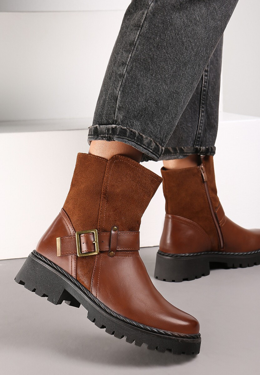 Brązowe Botki Sztyblety z Klamrą Livisi