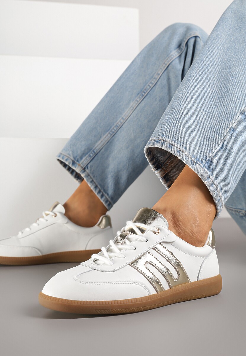 Brązowe Sneakersy Tenisówki ze Skóry Naturalnej z Geometrycznym Wzorem Carolie