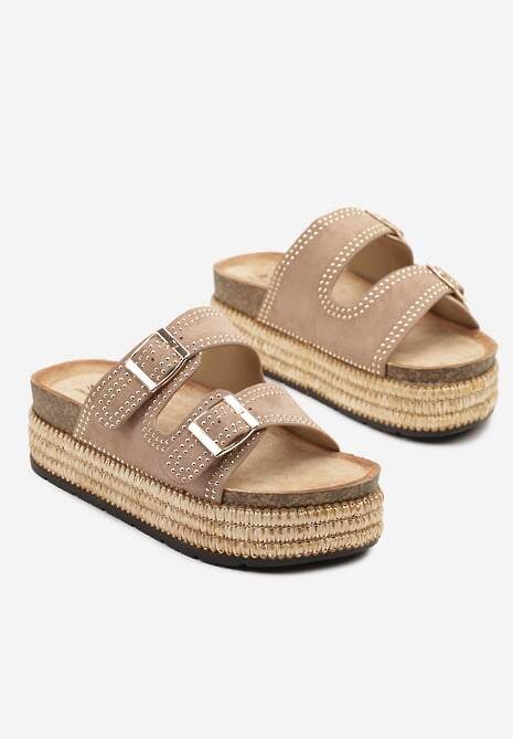 Ciemnobeżowe Klapki z Regulowanymi Paskami na Grubej Podeszwie z Plecionką Udiriva